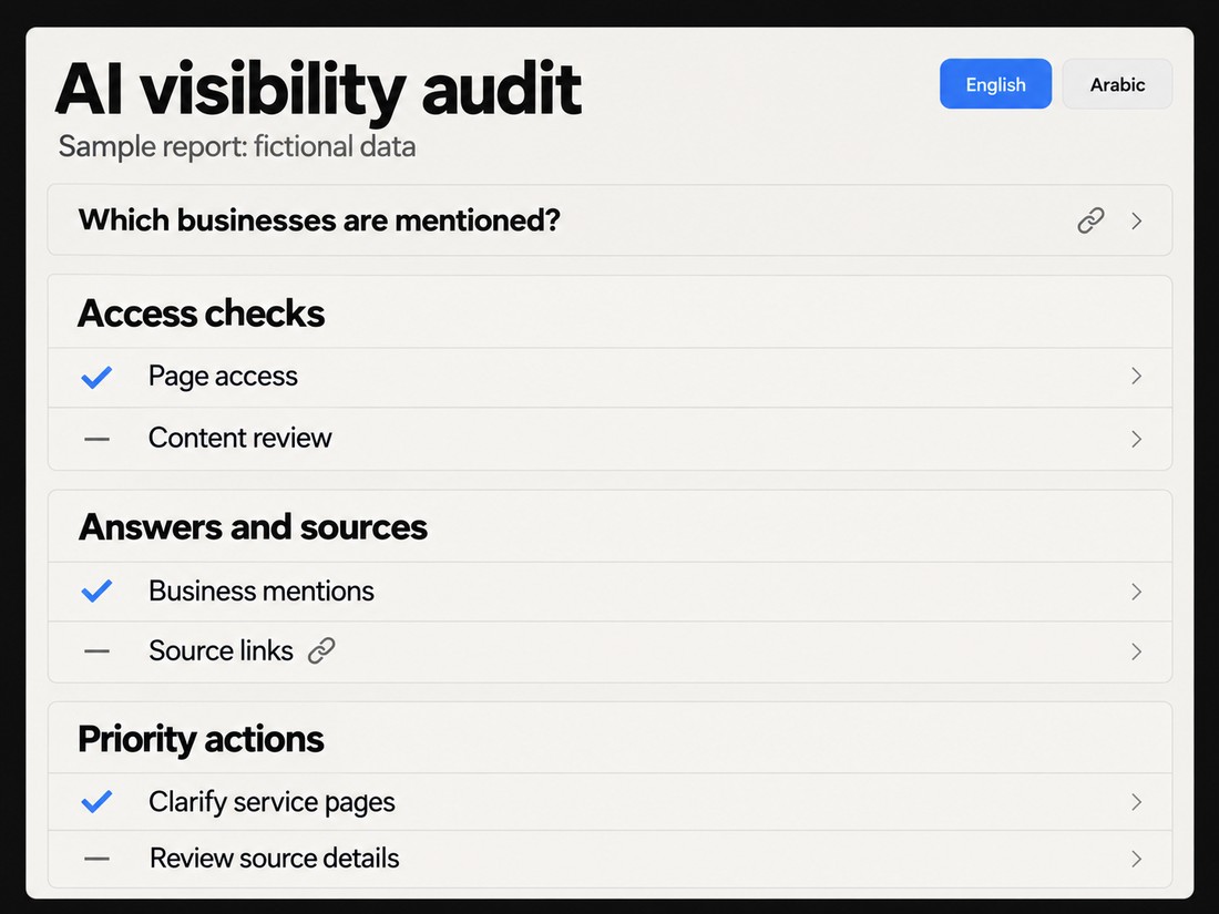 Sample AI visibility audit report with fictional data, showing access checks, answers and sources, and priority actions, with an English and Arabic toggle